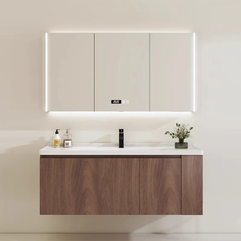 

Light luxury walnut ceramic integrated basin, solid wood bathroom cabinet combined bathroom, toilet, hand and face washing basin