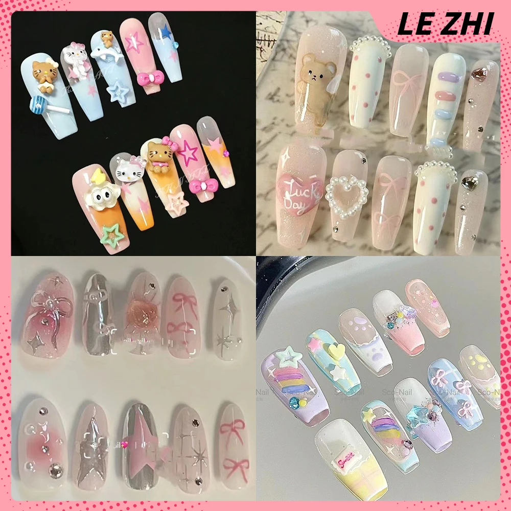 

10Pcs Handmade Hello Kitty Fake Nails Kawaii Sweetheart Girl Cartoon Diamond Anime Manicure Removable Nail Art Holiday Gifts