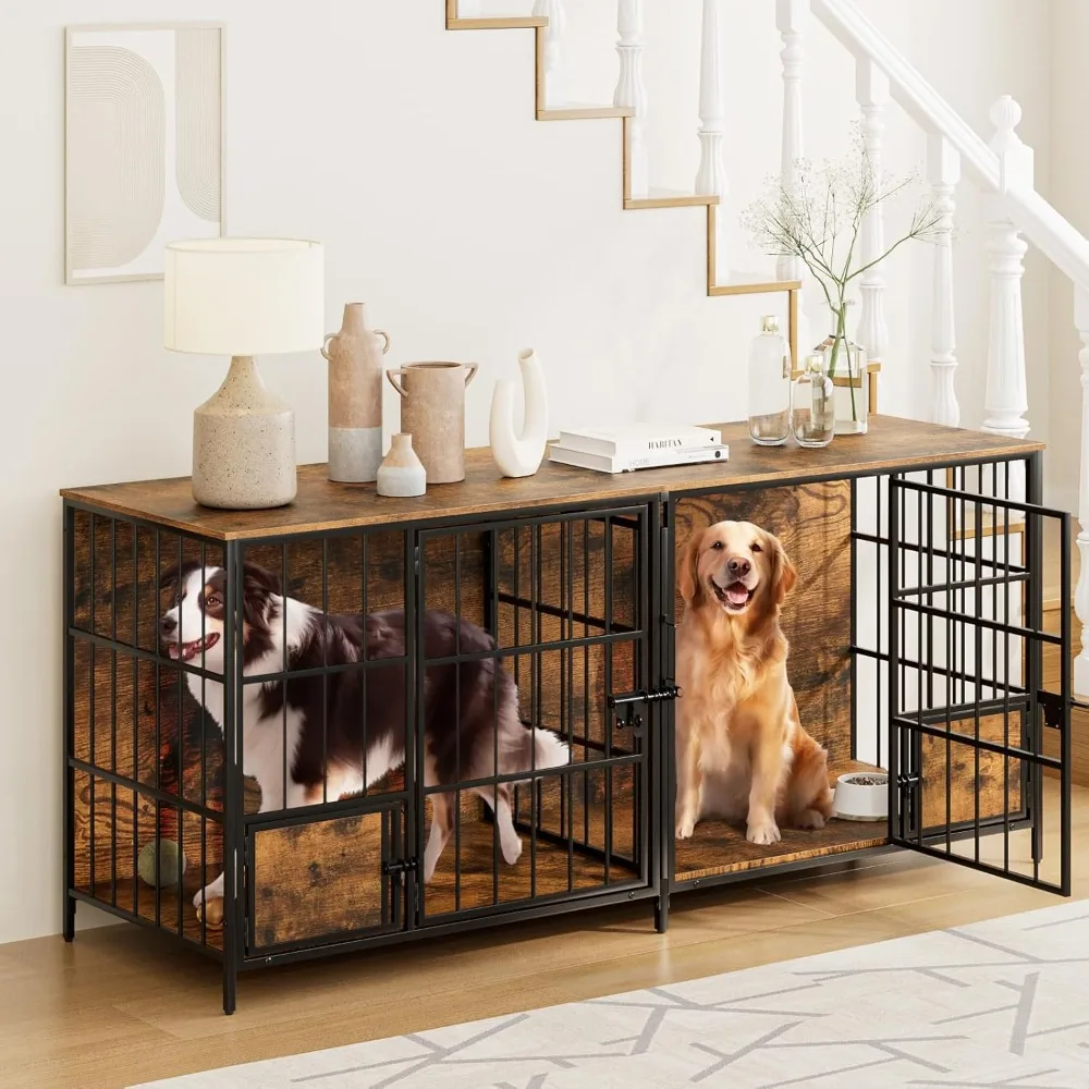 

Dokser 72" Dog Crate Furniture for 2 Large Medium Dogs,Wooden Indoor Double Crate Kennel Cage Large Breed,Sturdy Dog Kennel with