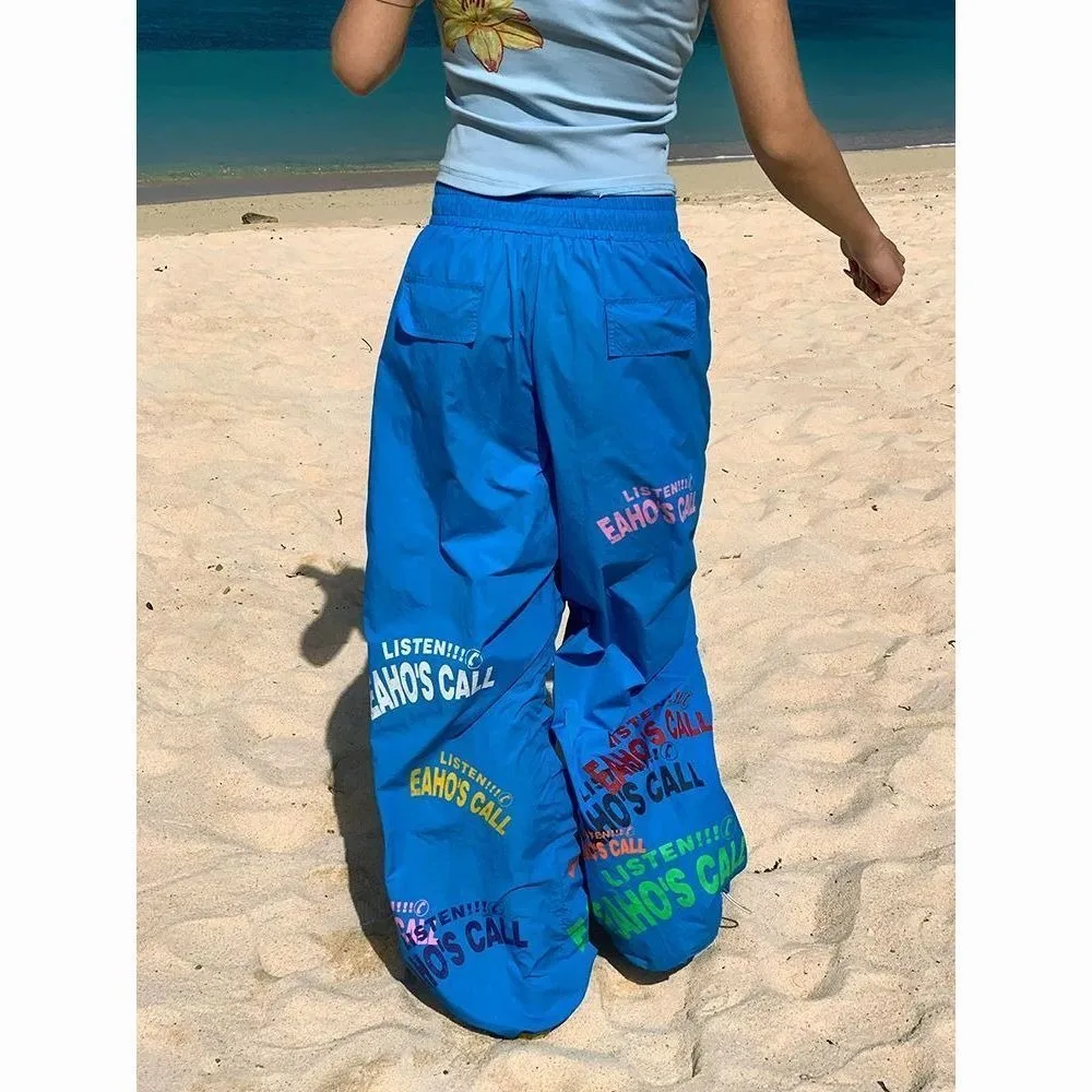 Y2K 브랜드 귀여운 레터 프린트 배기 팬츠 힙합 커플 풀 기장 밴딩 루즈 스트레이트 와이드 레그 팬츠 캐주얼