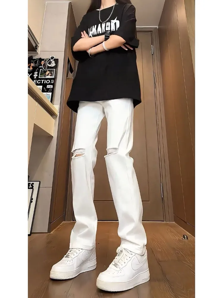 White Ripped Denim Jeans Slim Straight Thin Women's Style American High Street Vibe Straight Leg Micro Flared Jeans