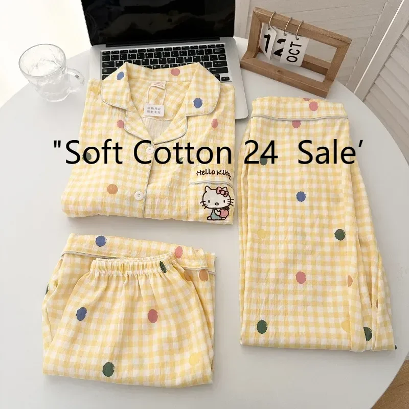 

2025 summer new Hello Kitty cartoon pajamas pure cotton three-piece short-sleeved shorts trousers Hello Kitty loungewear