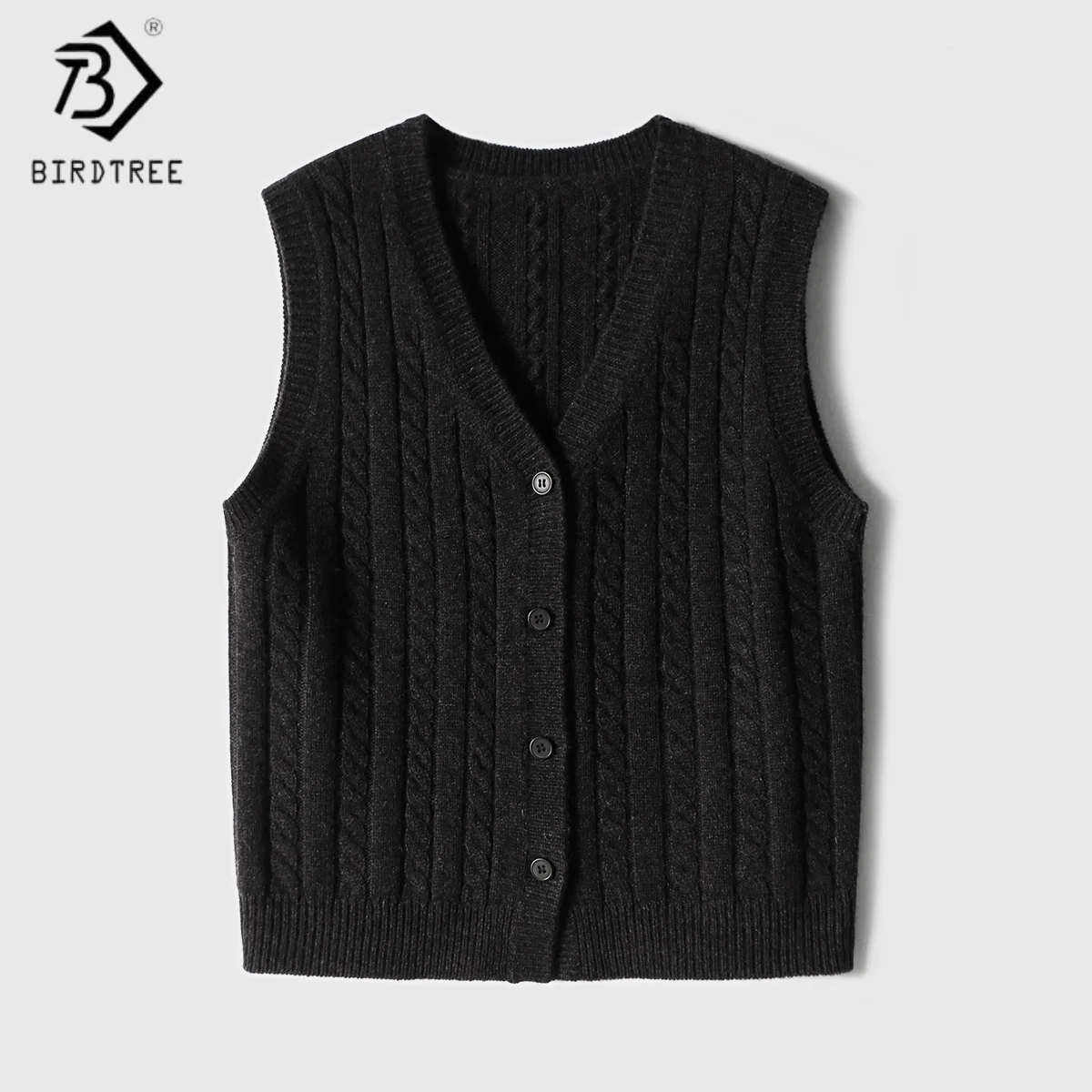 

Birdtree,90% Sheep Wool 10% Cashmere Knitted Vest,Woman Twisted V-neck Sweater,Single Breasted,Autumn Winter Waistcoat T5N718JF