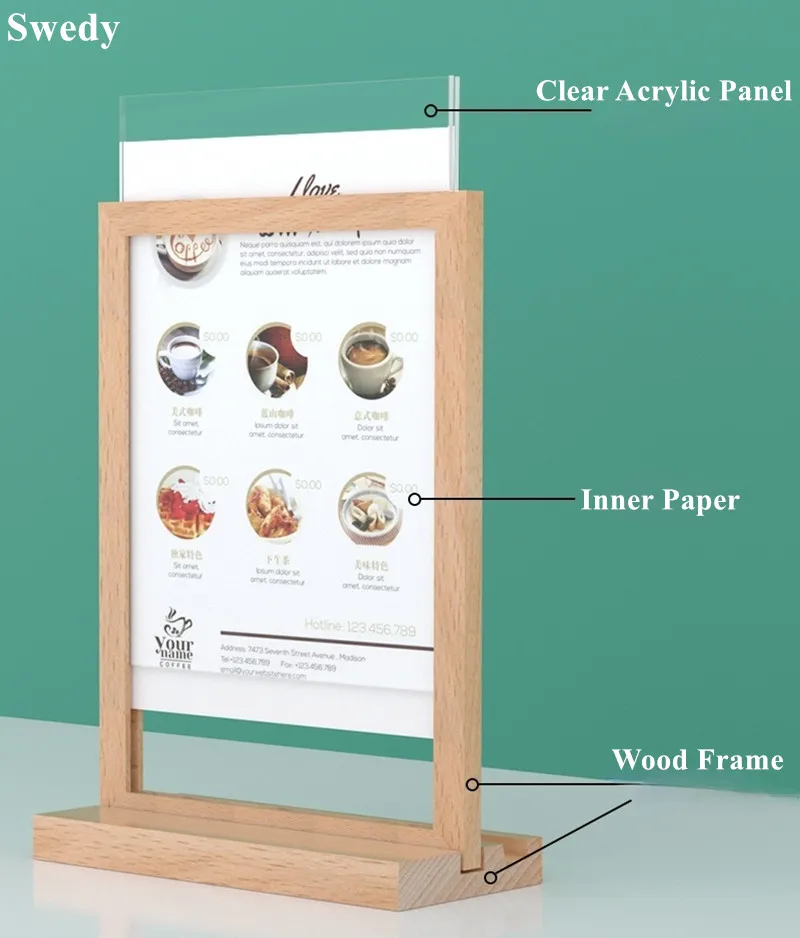 A5 148X210MM Double Sided Wood Acrylic Sign Holder Display Stand Menu Paper Signs Brochure Flyer Poster Frame Price Label Tags