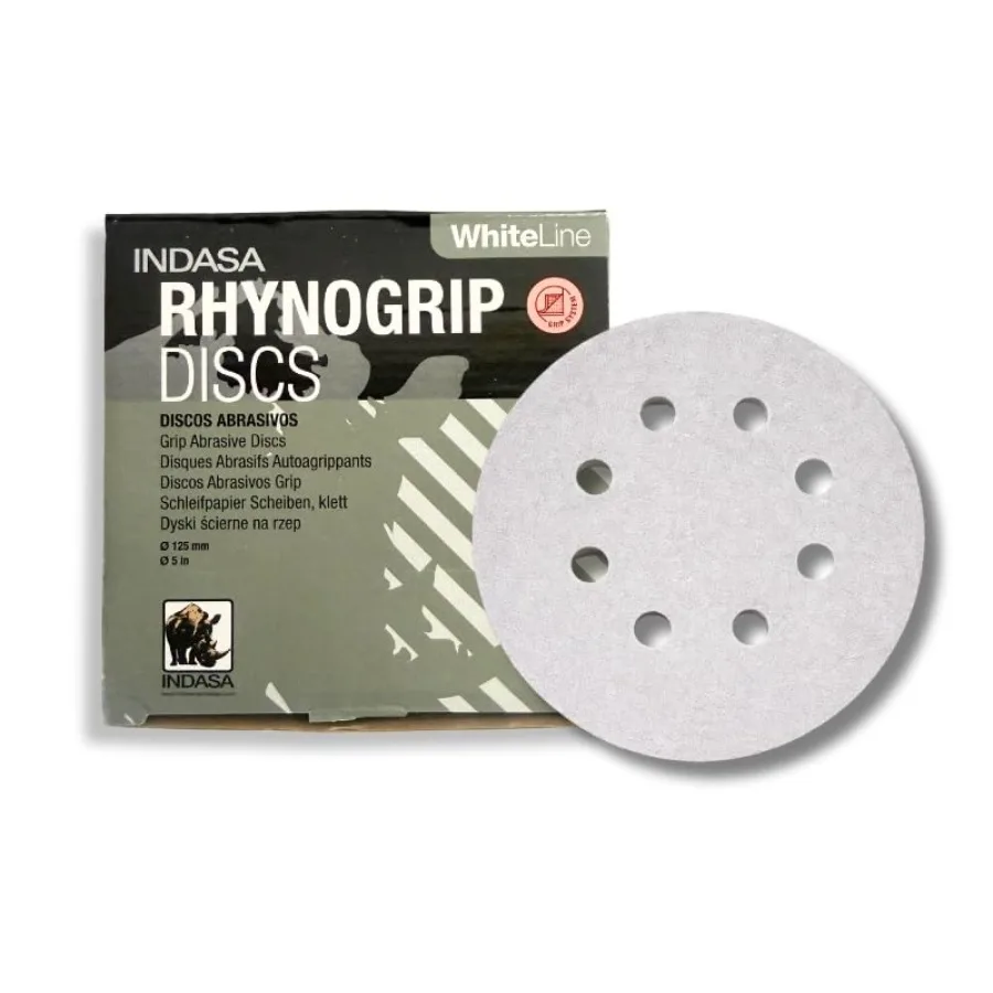 

5 Inch White Line Sanding Discs 8-Hole Hook Loop Aluminum Oxide Random Orbital Vacuum Compatible Medium Grade 55 Series 50 Pack