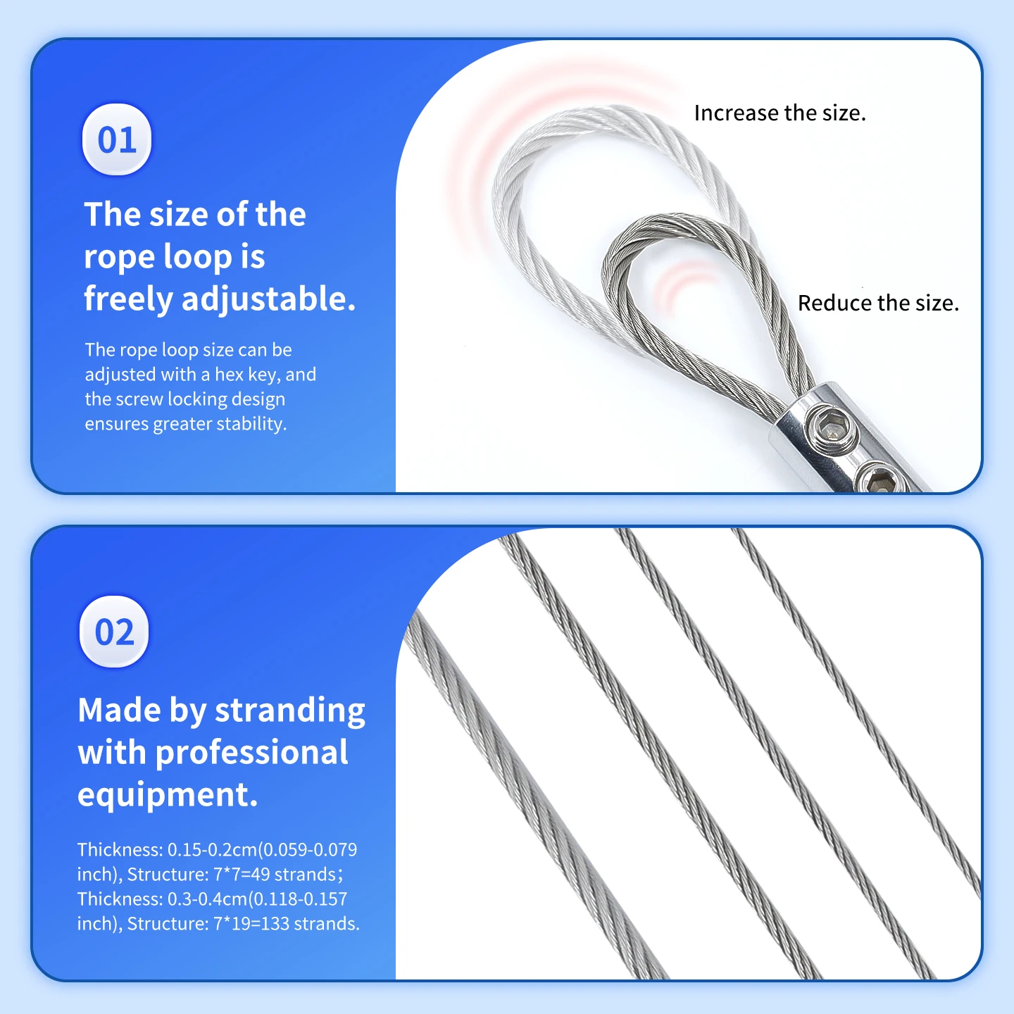 كابل سلك من الفولاذ المقاوم للصدأ 304 قابل للتعديل 1.5/2/3/4 مم، طقم تعليق، مشبك حبل بفتحة مزدوجة، يستخدم لتعليق الصور #5