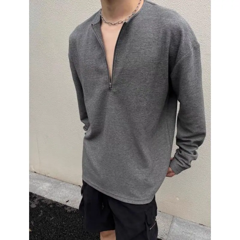 American Style Half Zipper Waffle Pattern Grey Long Sleeve T-Shirt Men's Loose Base Layer Casual Top Trendy Brand Spring Autumn