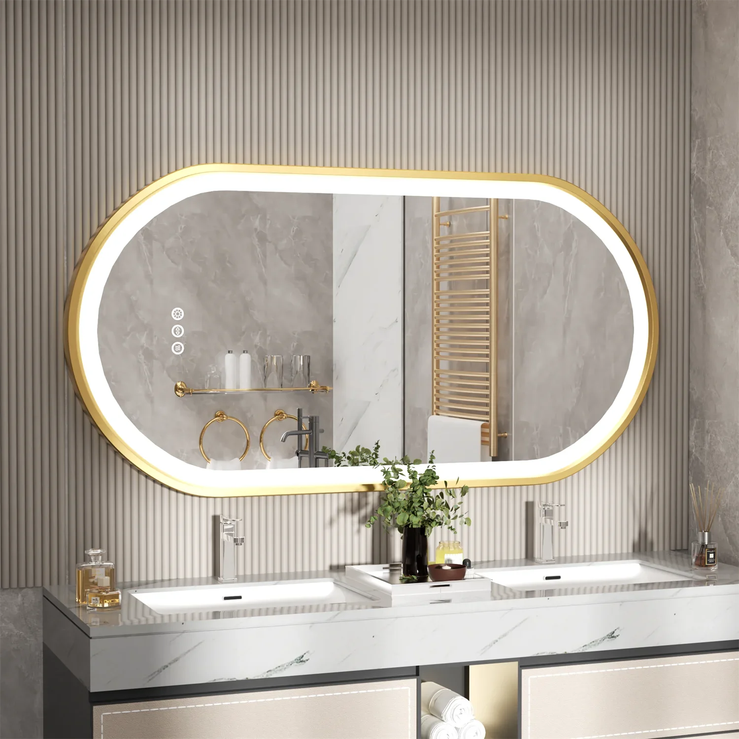 

L # Gold Frame Oval Bathroom Mirror LED Lighted Anti-Fog Smart Vanity Mirror Anti-fog Dimmable Illuminated Innovative Makeup Mir