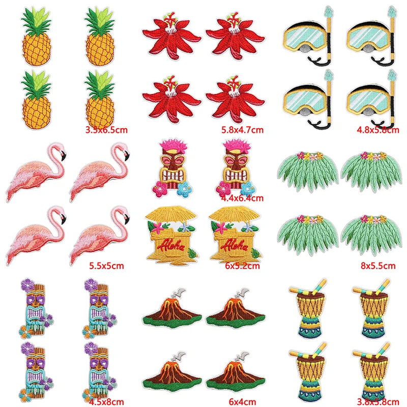 10 Parches Termoadhesivos Bordados con Motivos Tropicales Hawaianos - Apliques de Flamenco, Piña y Tiki para Ropa, Bolsos, Manualidades y Decoración