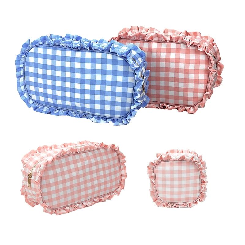 1pc Ruffle Plaid Cosmetic Bag Personalized Nylon Pink Toiletry Bag New Travel Cosmetic Makeup Bag Organizer Bride Party Gift