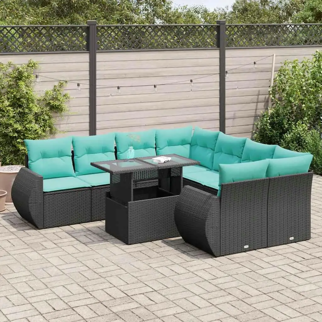 

9 Piece Outdoor Patio Sofa Set with Cushions Black Rattan and Acacia Wood Ideal for Garden and Balcony Decor