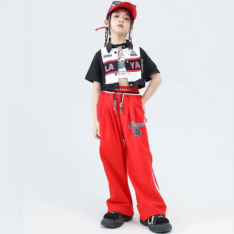 

Girls Hip Hop Clothing Short Racing Shirt Crop Tops Baggy Pants for Kids Teenager Jazz Dance Costumes Children Stage Wear 8 10 Y