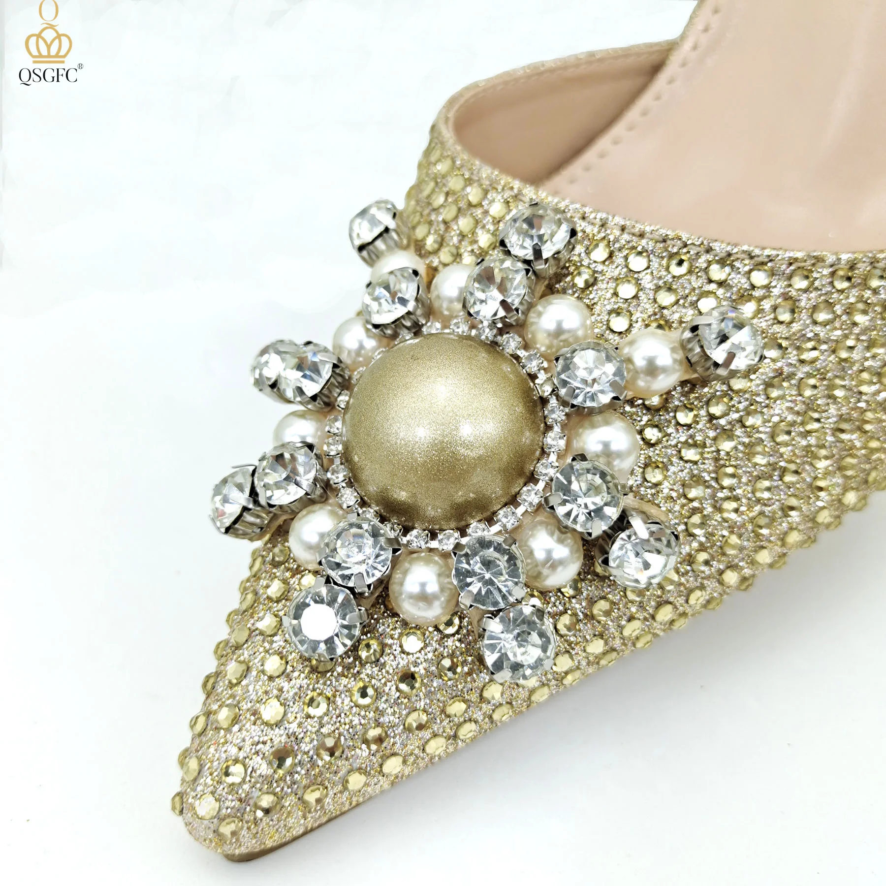 QSGFC Gold Color Elegant Lady Shoes And Bag Set with Rhinestone Embellished Pearls-knot Wear-resistant And Comfortable Heel