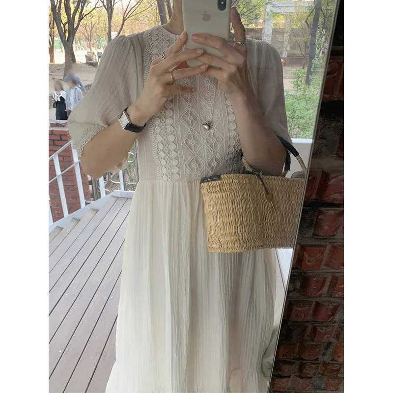 Vestido E de Verão com Design de Bordado em Renda Longa, Estilo Solto até o Joelho, Decote Redondo, Bordado Pesado par...