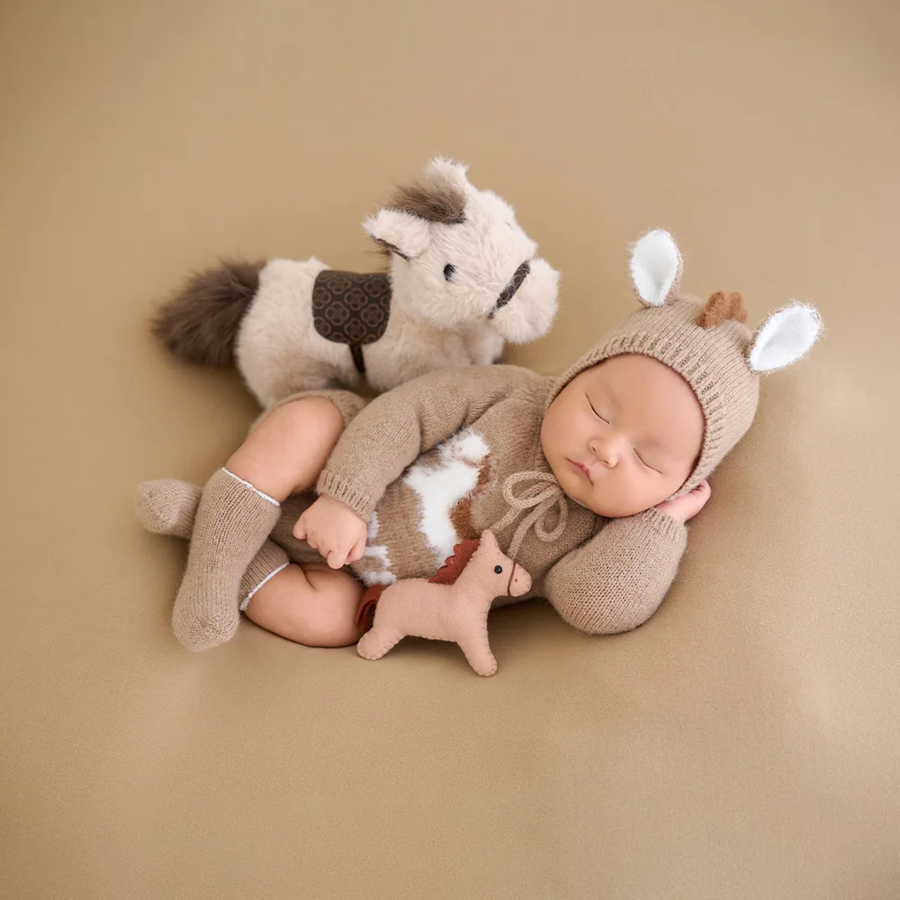 Newborn Milestone Photography Props Brown Knitted Animal Romper Soft Plush Horse Doll Milestone Sign Decor Prop for Studio Photo