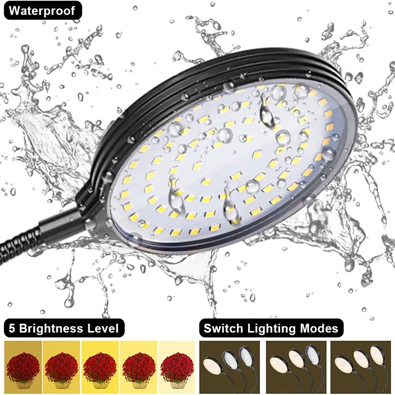 Luz de crescimento de plantas 15W espectro completo LED luz de preenchimento à prova d'água, com interruptor cronometrado automático 5 tubos de pescoço de ganso reguláveis e ajustáveis