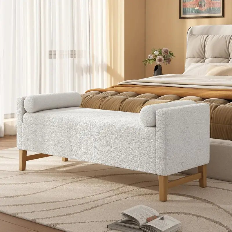 

Ivory Boucle Upholstered Storage Ottoman with Wooden Legs - Stylish and Functional Furniture Piece for Home Décor and