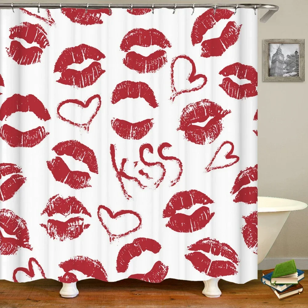 Happy Valentines Day Shower Curtains Bathroom Curtain Rose Love  Kiss Red lips Romantic Decor Shower Bath Waterproof Fabric