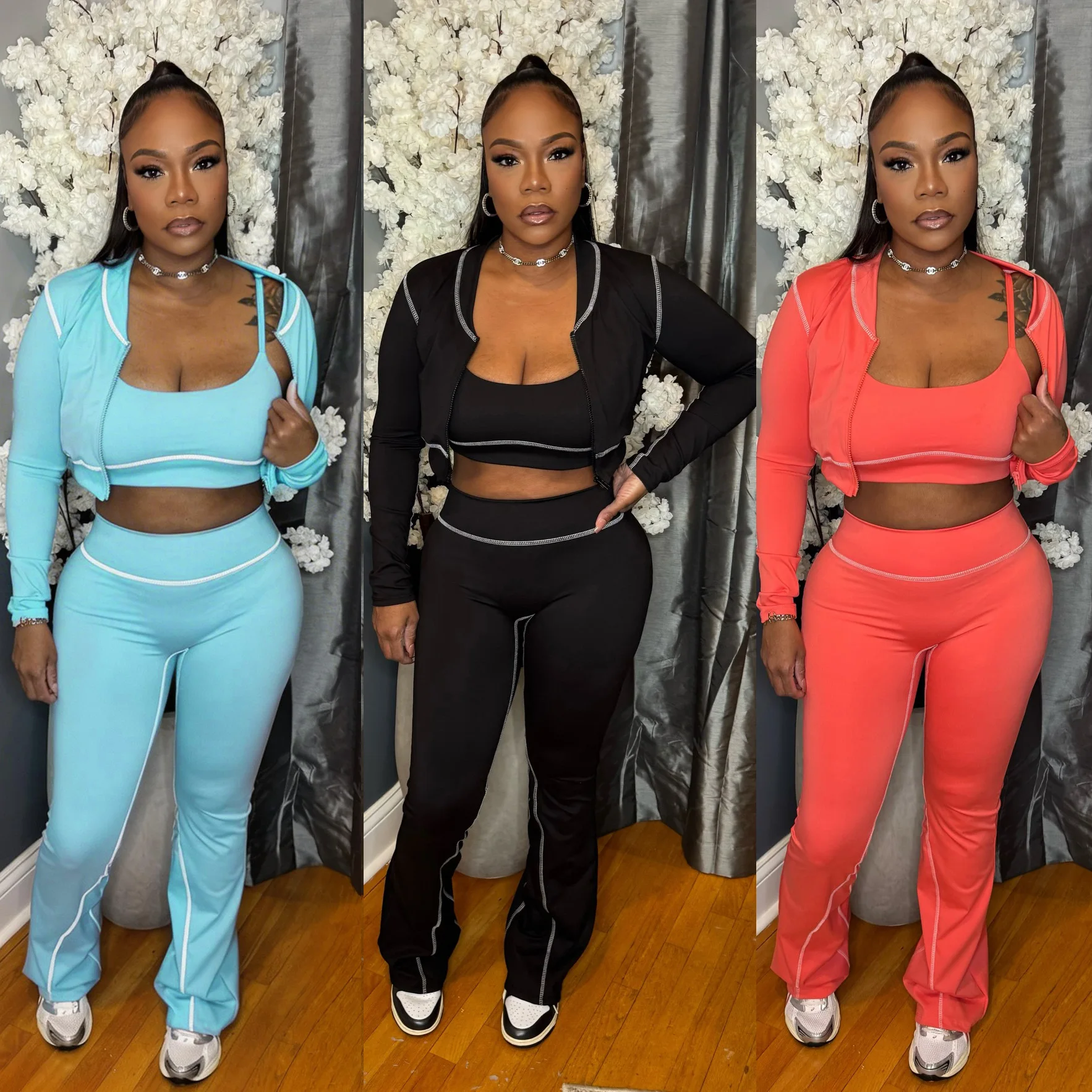 

Pant Set Women 3 Piece Sets Full Sleeve Coat Strapless Vest Long Pants Elastic Waist Y2k Streetwear Elegant Sexy Slim Fit Spring