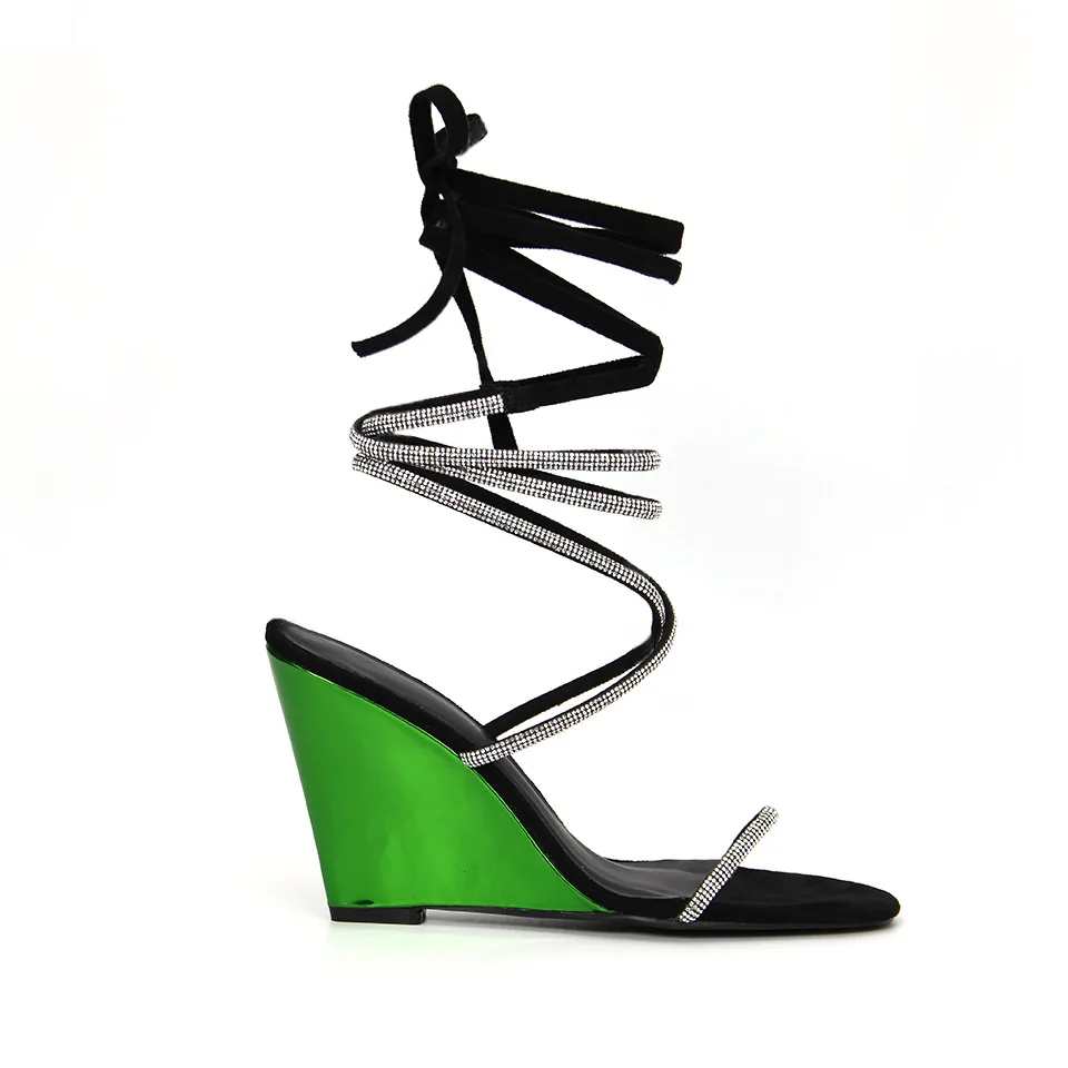 Hemegot Rhinestones Ankle Strap Women Sandals Fluorescent Green Color Round Peep Toe Sandales à Talons Wedges High Heels Summer