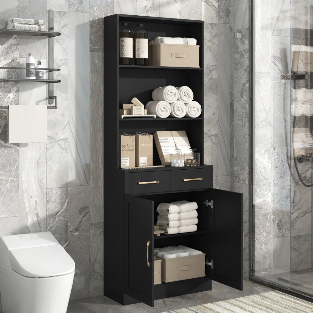 Bathroom Storage Cabinet, Cabinet with Two Doors and Drawers, Adjustable Shelf Three-layer Open Shelf MDF Board Bathroom Cabinet