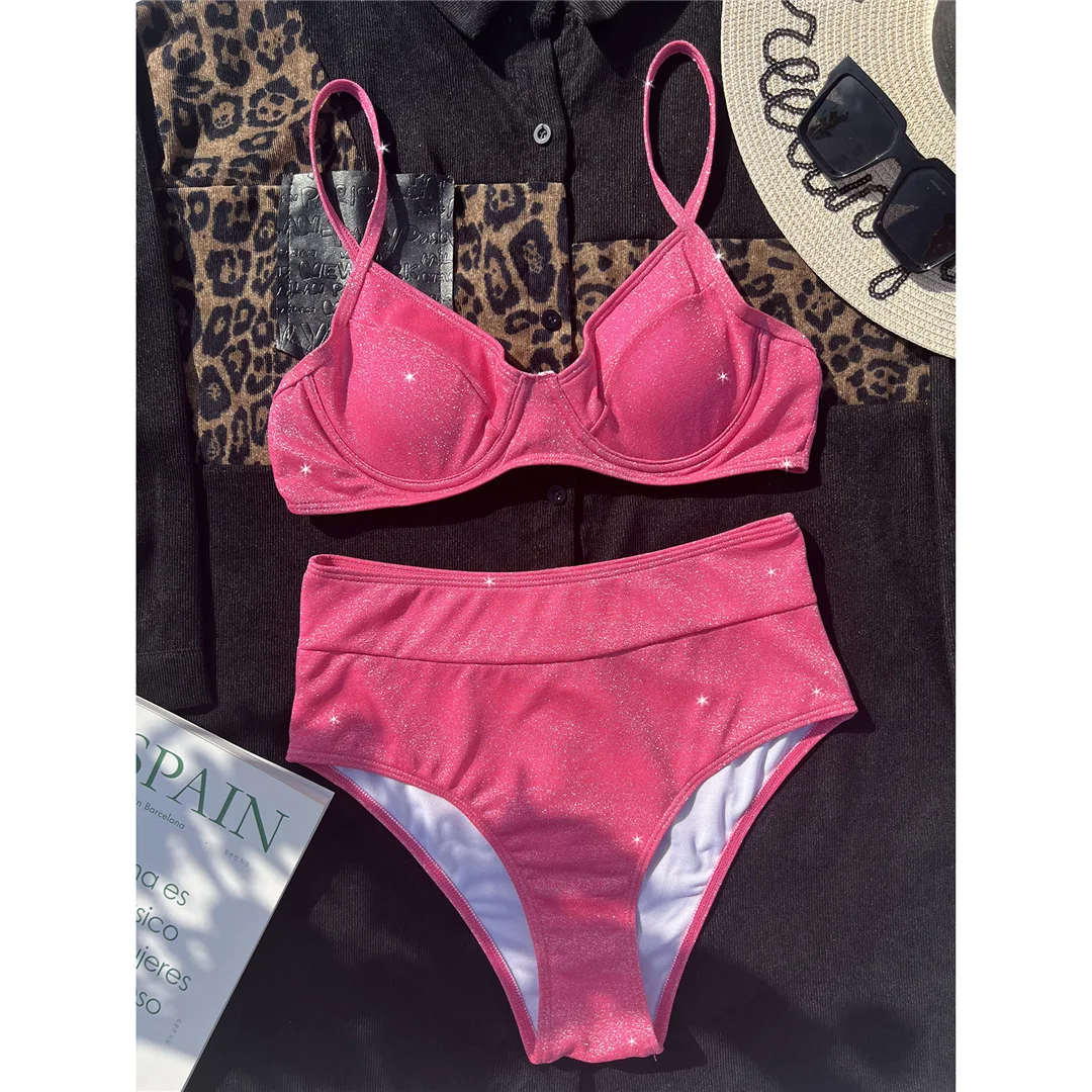 Glitzernder, glänzender Bikini mit Bügel, hoher Taille, Damen-Badeanzug, zweiteiliges Bikini-Set, Badebekleidung, Badeanzug, Schwimmanzug V4435 – Detail 11