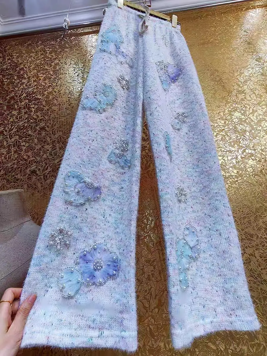 New In Autumn Women's Pants Unique Design Beaded Flowers Stitch Y2K Long Pant High Street pantalones de mujer Woman Clothes