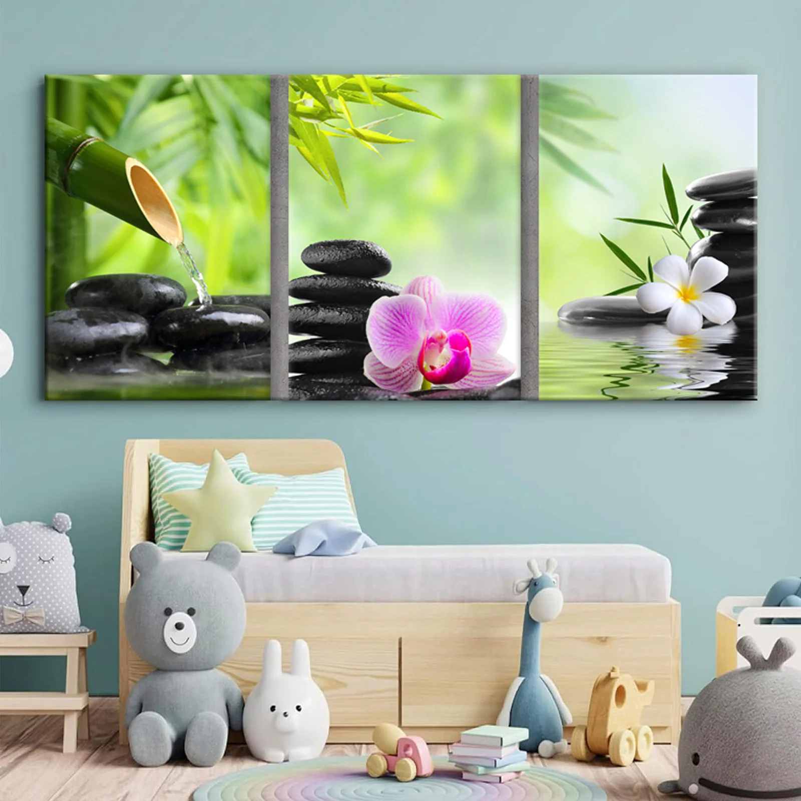 3Pcs Canvas Wall Art Zen Spa Stone Bamboo Orchid Flower Water Scenery Painting For Living Room Home Decor