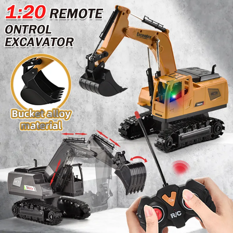 5 Channels 1:20 RC Trucks Remote Control Excavator Alloy Bucket Electric Light Music Crawler Construction Vehicle Toy Boy