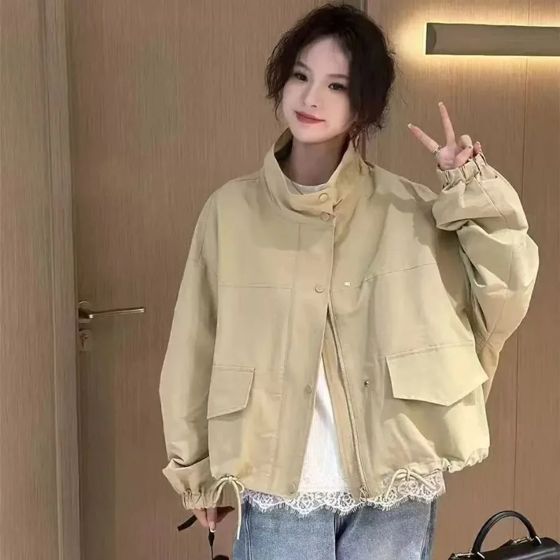 

Fashionable Autumn New Korean Loose Stand Collar Jacket for Women's Hem Drawstring Design Sweet Casual Top