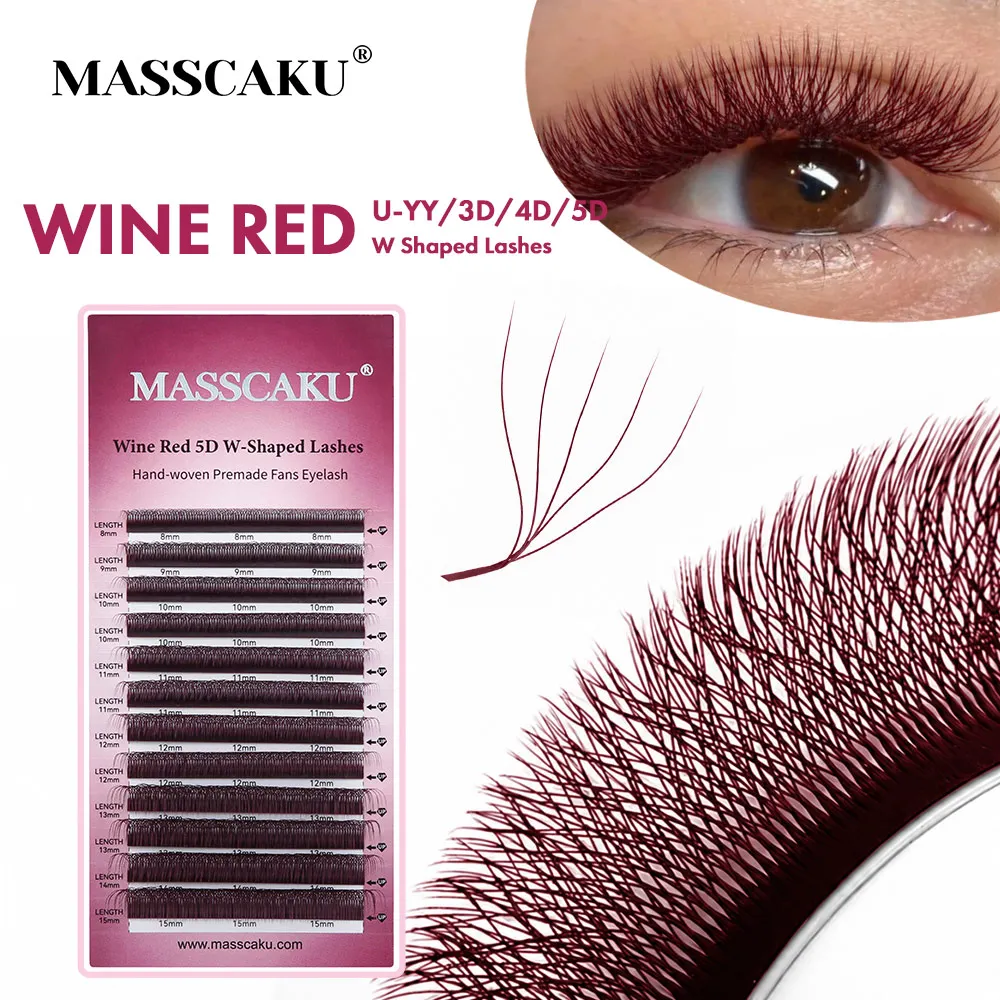 MASSCAKU 3D 4D 5D W Shape Premium Colorful U Shaped Lashes Wine Red Hand Waved Premade Fans Super Soft Colored Eyelashes