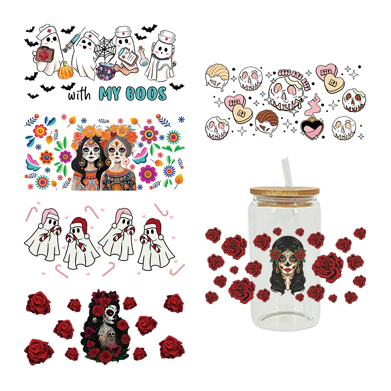 UV DTF Transfers Stickers, 16oz, Cup Wraps, Halloween Ghost Printed, DIY Glass Ceramic Metal Leather, Etc. D7161