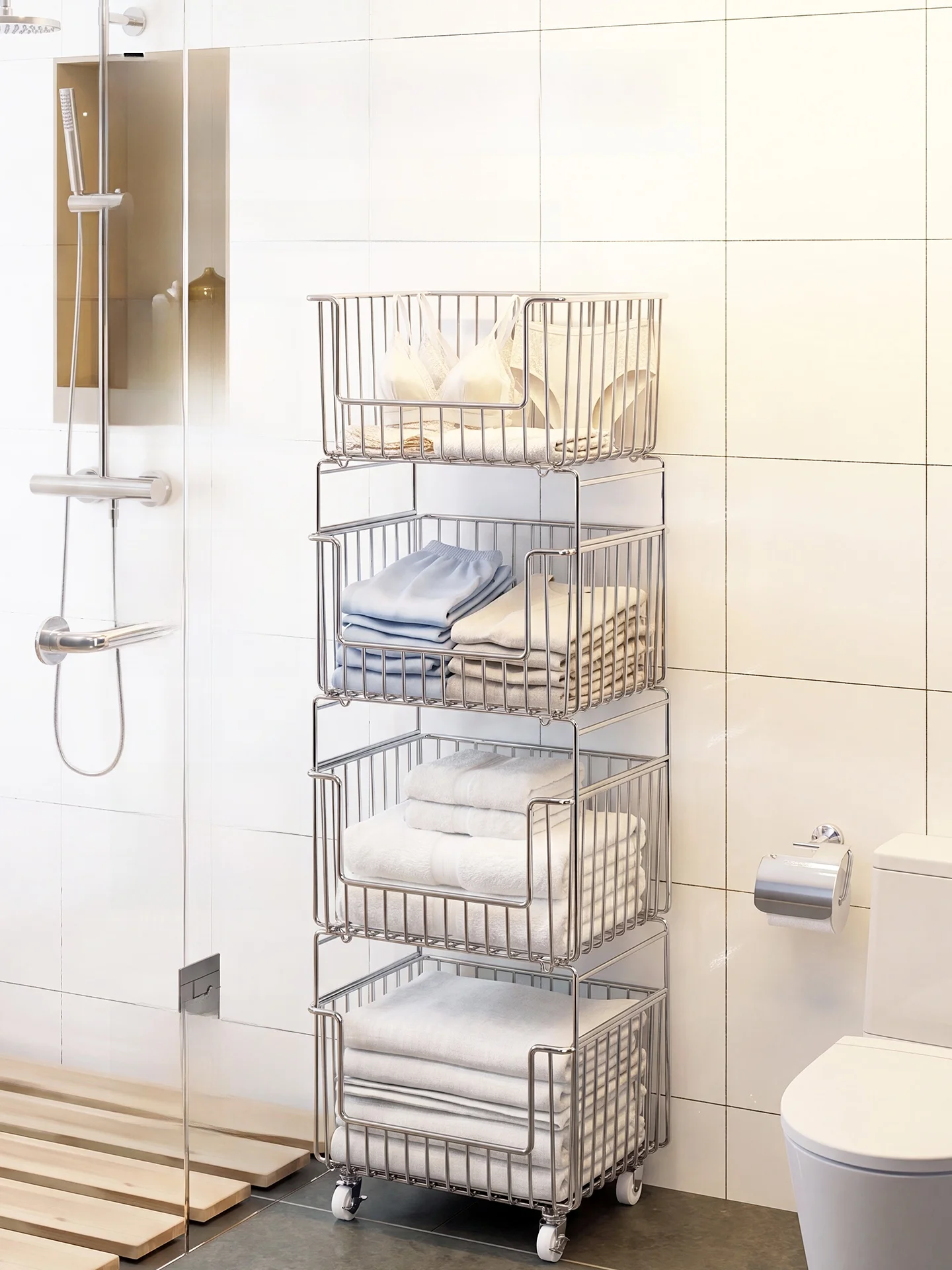 Stainless Steel Bathroom Storage Rack Laundry Sorting Tool Multi-layer Organizer Free-standing Dirty Clothes Washer