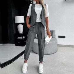 Women 2pcs Clothes Set White Striped Sleeveless Vest Suit Casual & Ankle Length Pants Trousers