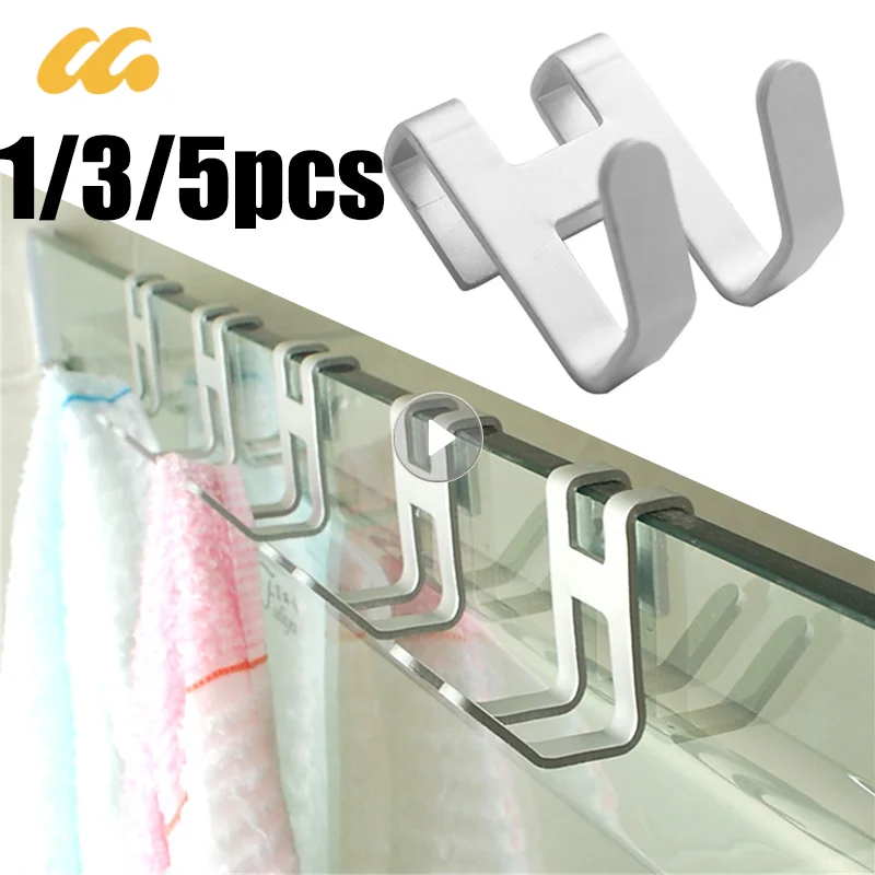 1/3/5pcs Space Aluminum Metal Shower Frameless Glass Door Hook Free Hole Towel Rack Hanger Key Holder Clothes Bathroom Organizer
