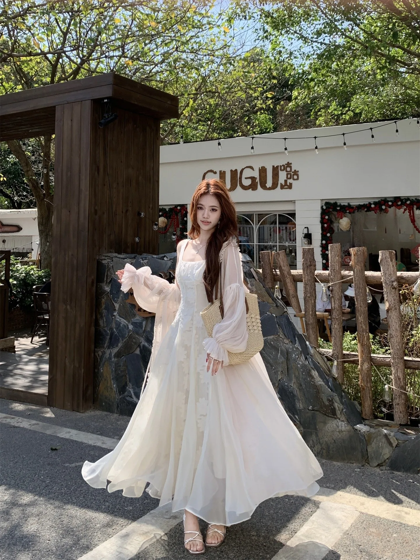 

Kumikumi Women's Mesh Splice Halter Dress Spring Season Two-Piece Set Long Sleeve Open Cardigan Outerwear Overlap Wear