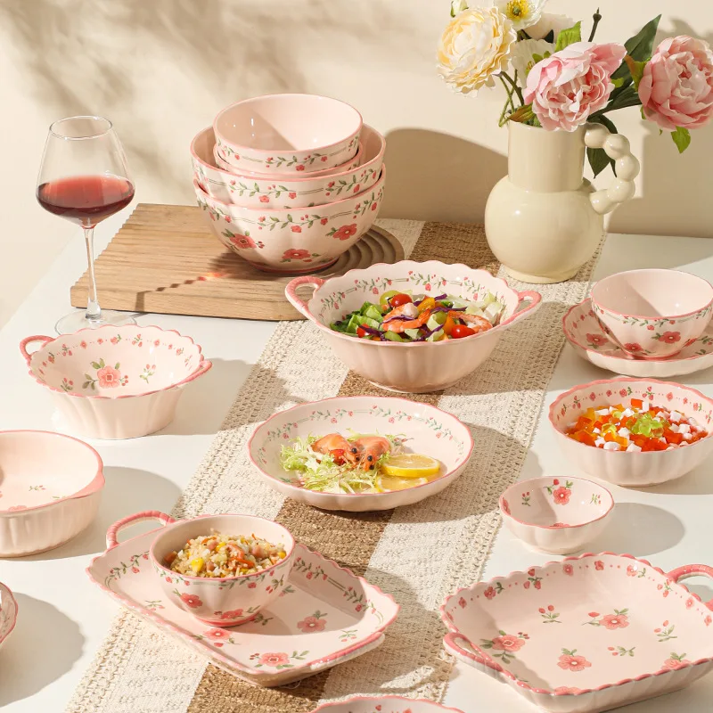 LingAo--High appearance level red glazed ceramic bowl, soup bowl, fish plate tableware household set