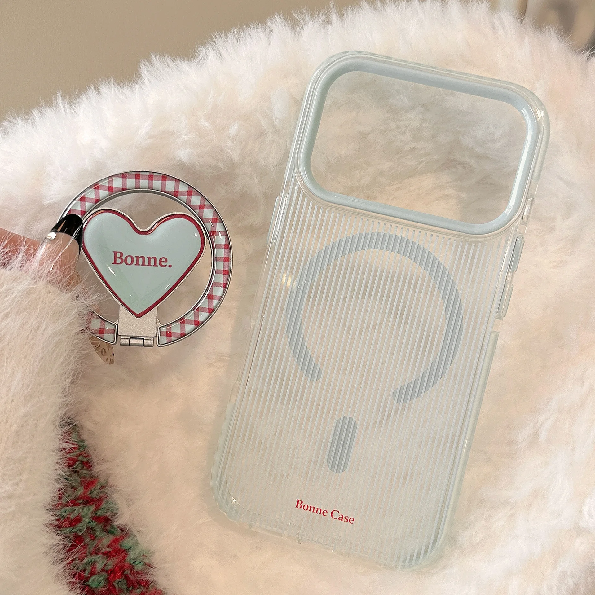 Einfach gestreift mit karierter Falte, Liebesherz-Halterung, magnetische Handyhülle für iPhone 17, 16, 15, 14, 13, 12, Pro Max, stoßfeste Softcover