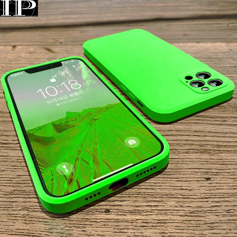 NEW Fluorescent Green Square Silicone Case For iPhone 15 14 11 Pro Max 13 12 Mini X XR XS 7 8 Plus SE2 Shockproof Cover Cases