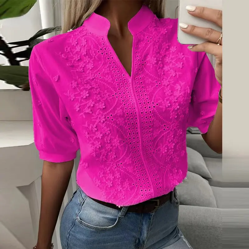 Summer Lace Hollow-out Chic Short Sleeve Blouse Hook Flower Embroidery Casual Solid Cotton Shirt Green White Top Women Clothing