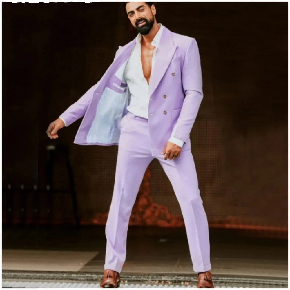 

Casual Purple Men Suits 2 Piece New High-end Peaked Lapel Double Breasted Blazer Sets Jacket+Pants