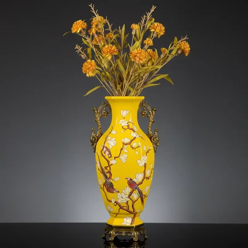 Regal Brass Handle Ceramic Vase Yellow Floral Flower Vase Decorative Porcelain Vase Floral Vessel for Penthouse