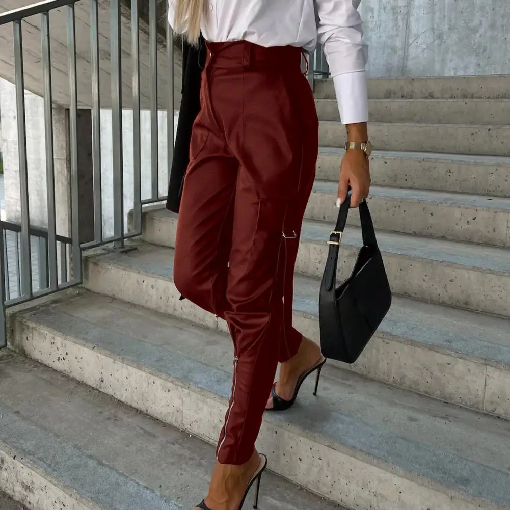 

Women High Waist Trousers Stylish Women's Faux Leather Pencil Pants High Waist Slim Fit Multi Pockets Trendy Trousers for A Chic