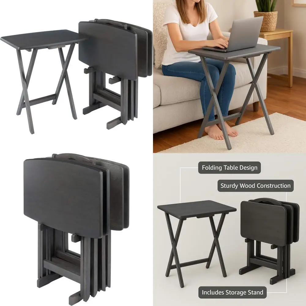 

Dylan 5-Piece Foldable Snack Table Set with Dorian Wood Lacquer Finish and Matching Storage Stand