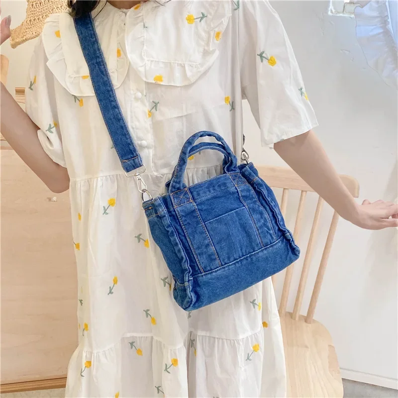 Women Denim Cloth Little Shoulder Bag Girl Light Blue Canvas Fabric Handbag Small Casual Woman Tote Detachable Strap Lady  Purse