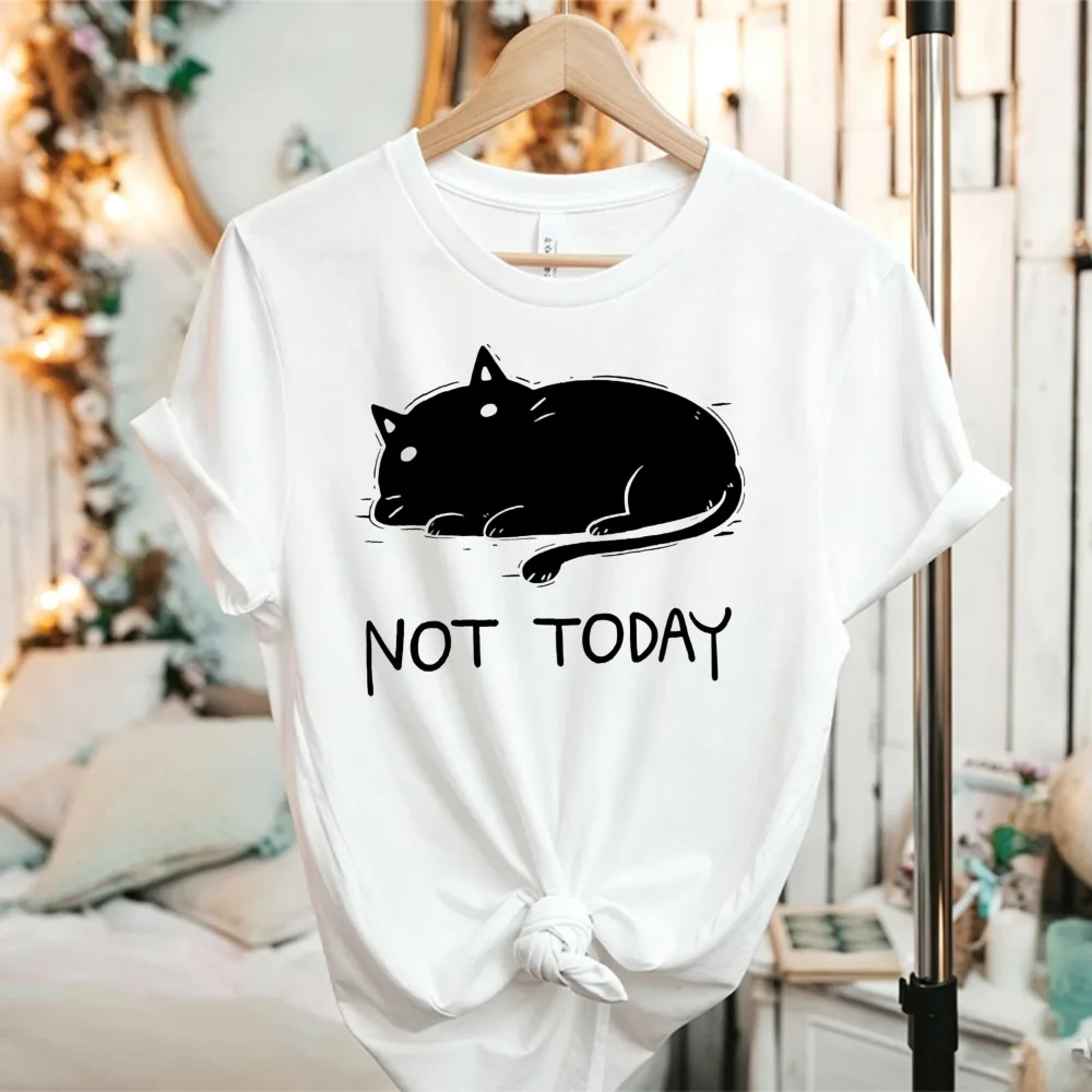 Not Today Lazy Black Cat Sketch Graphic T-Shirt Sleepy Kitty Quote Print Unisex Casual Cat Lover Moody Relax Funny Cotton Tees