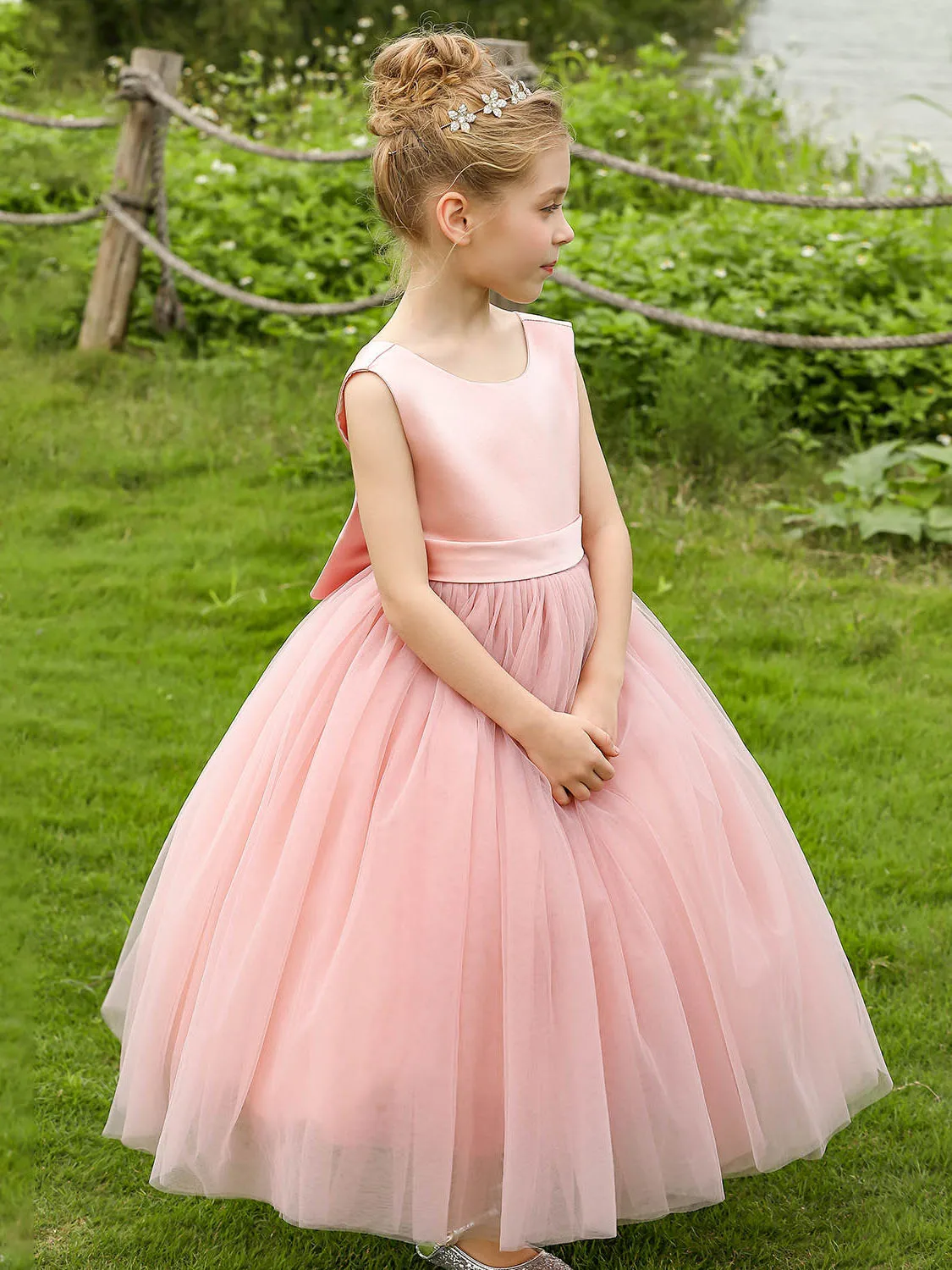 Children Party Prom Dress Flower Girl Satin Tulle Princess Wedding Gowns Bowknot