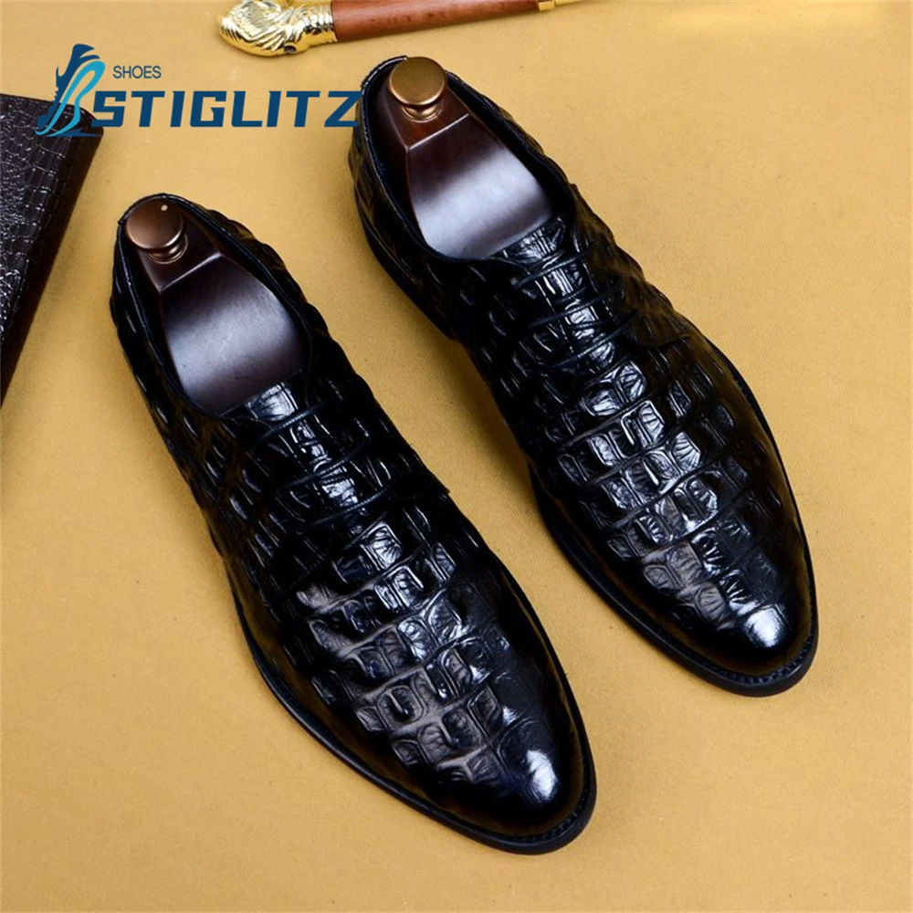 Embossed Crocodile Lace Up Oxfords Round Toe Shallow Genuine Leather Loafers Men\'s Business Formal Wear Shoes Men\'s Casual Shoes