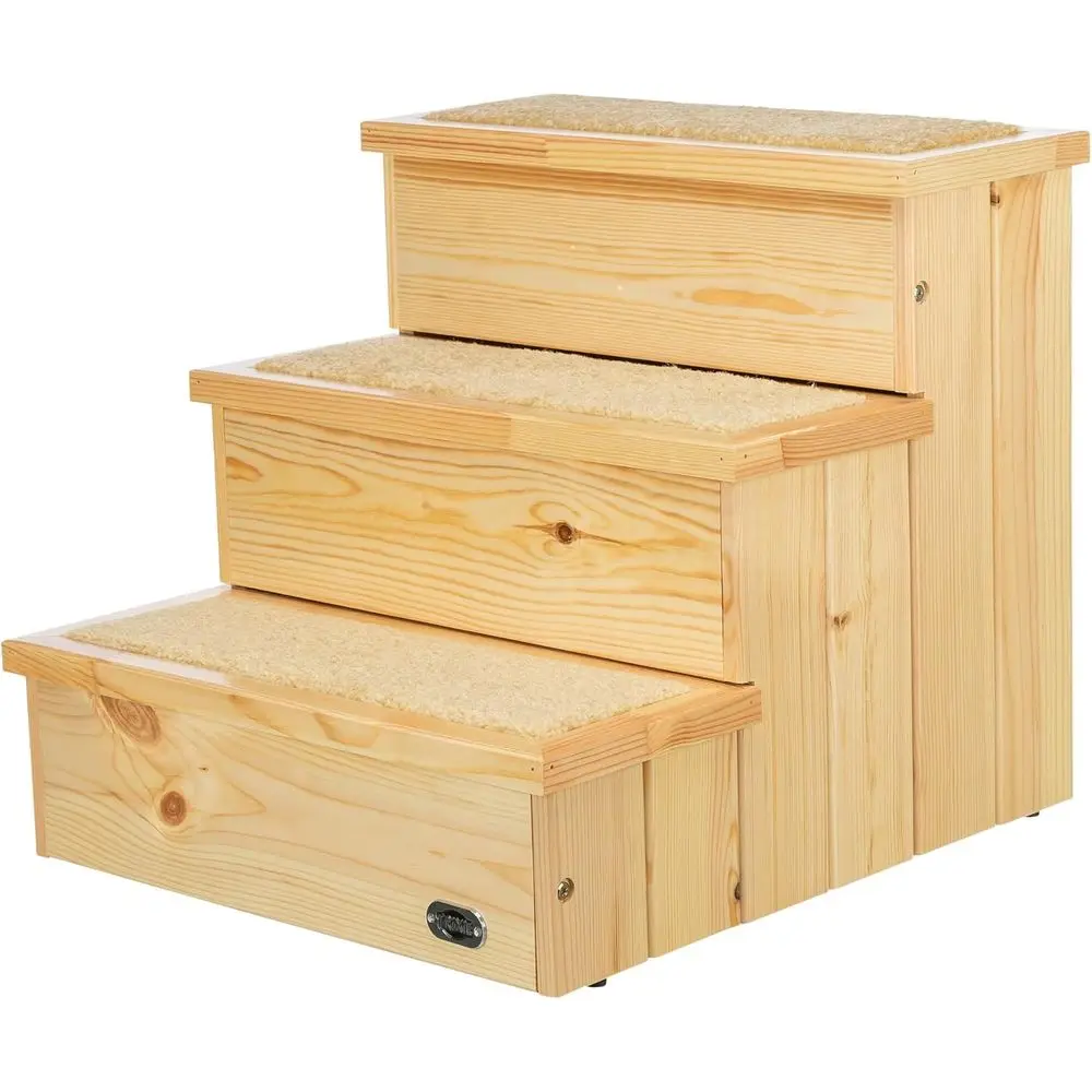 

3-Step Natural Wooden Pet Stairs with Anti-Slip Carpet and Storage for Beds & Couches