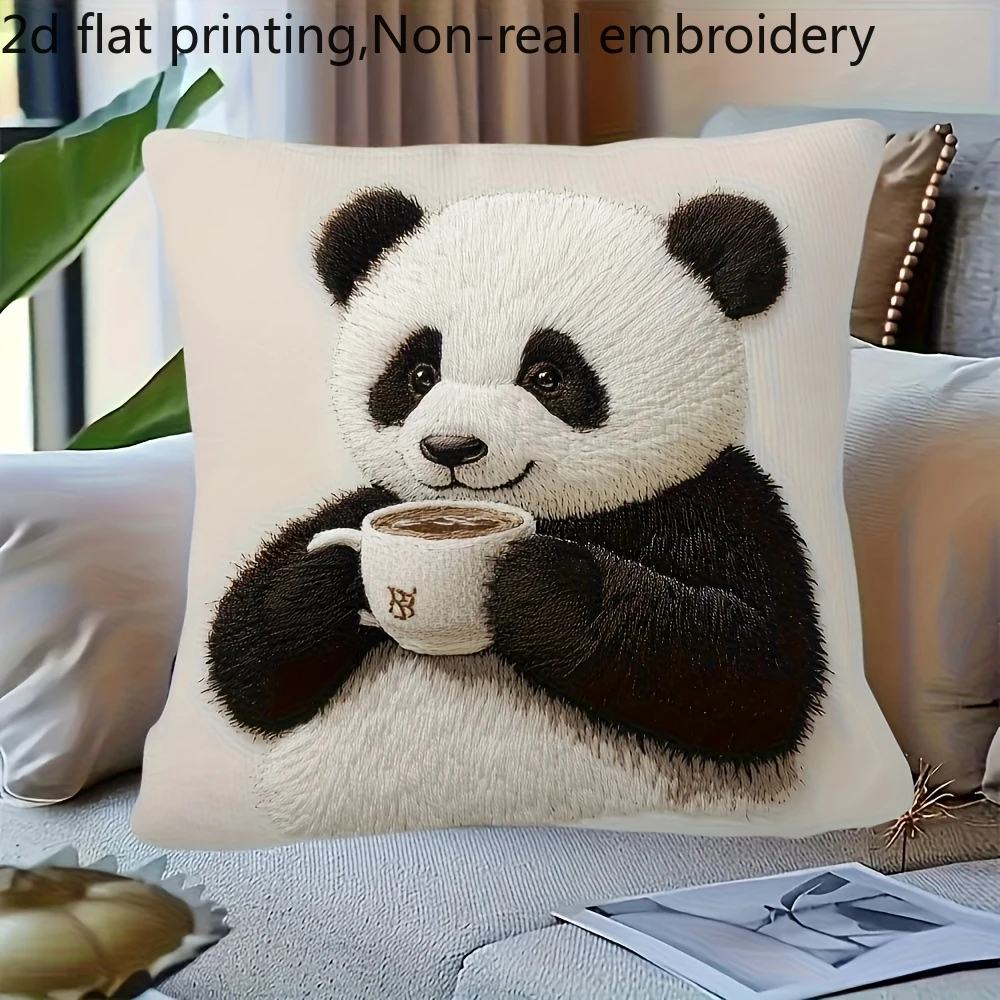 2D flat- Cute Panda Drinking Coffee Throw Pillow Cover Soft Decorative Cushion Case for Home Living Room Bedroom Sofa